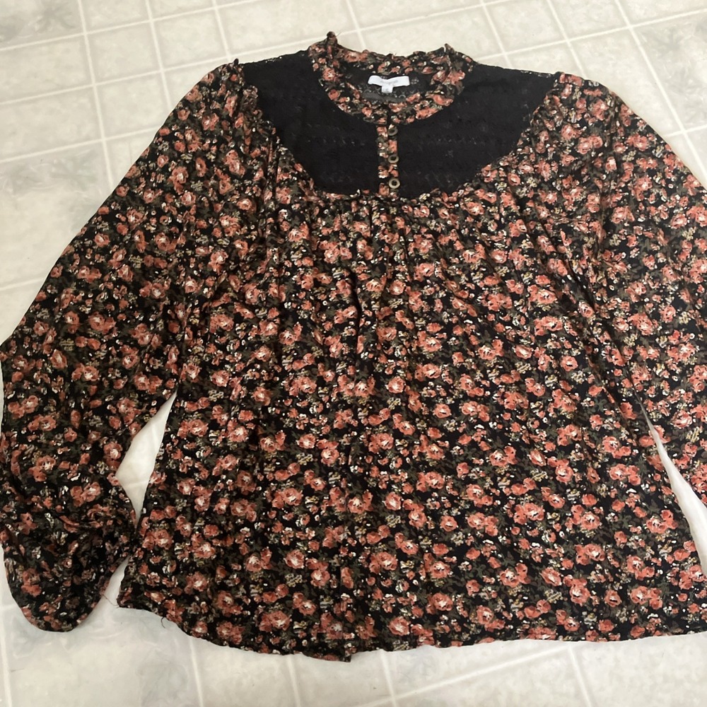 Maurices Floral Print Black Lace Inset Ruffle Collar Long Slv Blouse Size Small‎